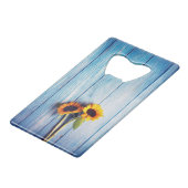 Sonnenblume an der blauen Holzwand Geldbeutel Flaschenöffner (Rückseite Schrägansicht)