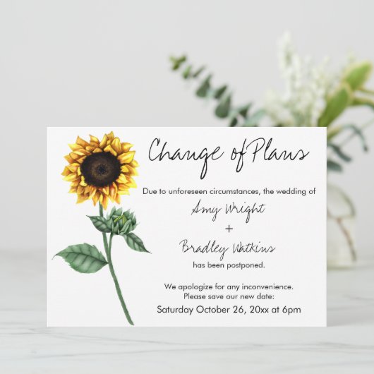 Sonnenblume "Änderung der Pläne" Zurückgestellte H Einladung (Stehend Vorderseite)