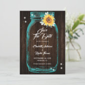 Sonnenblume Aquamarin Wood Mason Jar Wedding Save The Date (Stehend Vorderseite)