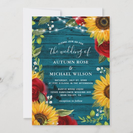 Sonnenblume Aquamarine Burgund Rose Rustikale Holz Einladung (Vorderseite)