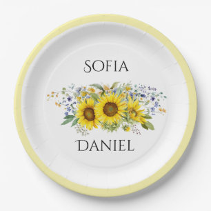 Sonnenblume Aquarell blaue Wildblumen Hochzeit  Pappteller