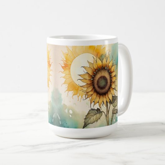 Sonnenblume Aquarell Tasse, Kaffeebecher Geschenk Kaffeetasse (VorderseiteRechts)