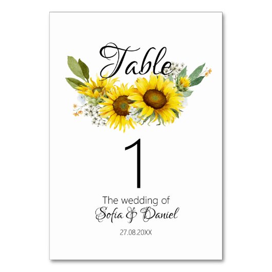 Sonnenblume Aquarell weiße Wildblumen Hochzeit Tischnummer (Vorderseite)