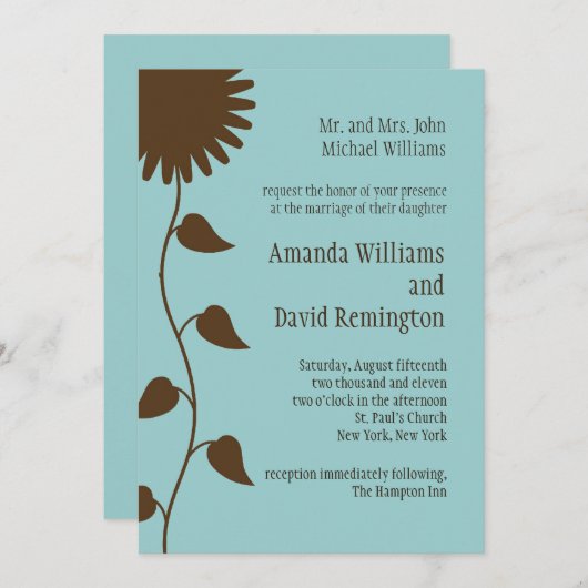 Sonnenblume auf Blauer Hochzeit Einladung (Vorne/Hinten)