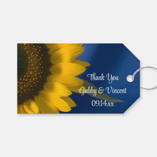 Sonnenblume auf Blue Wedding Vielen Dank für Ihr I Geschenkanhänger (Vorderseite (Horizontal))