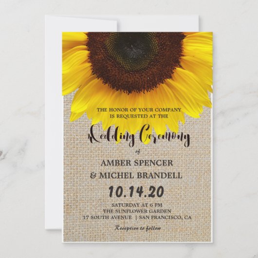 Sonnenblume auf Burlap Rustic Country Wedites Einladung (Vorderseite)