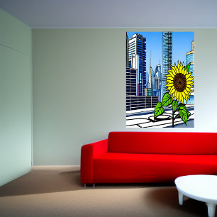 Sonnenblume auf dem Dach der Stadt AI Art Poster