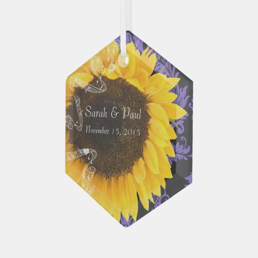 Sonnenblume auf Lila Damaskus Hochzeit Ornament Aus Glas (Vorderseite Links)