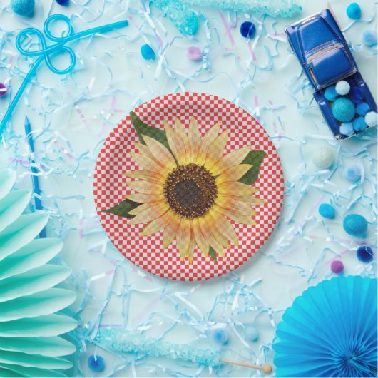Sonnenblume auf rot-weiß kariert pappteller (Party)