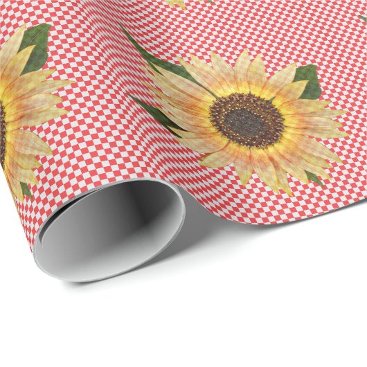 Sonnenblume auf rotem und weißem Gingham Geschenkpapier (Rolleneckpunkt)