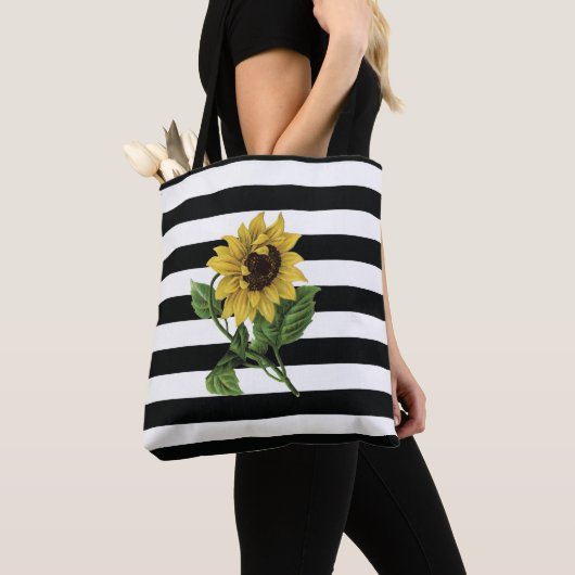 Sonnenblume auf Schwarz-Weiß Streifen Tasche (Von Nahem)