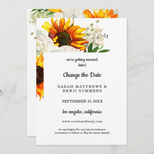 Sonnenblume auf Weiß ändern Datumsangaben Einladung (Vorne/Hinten)