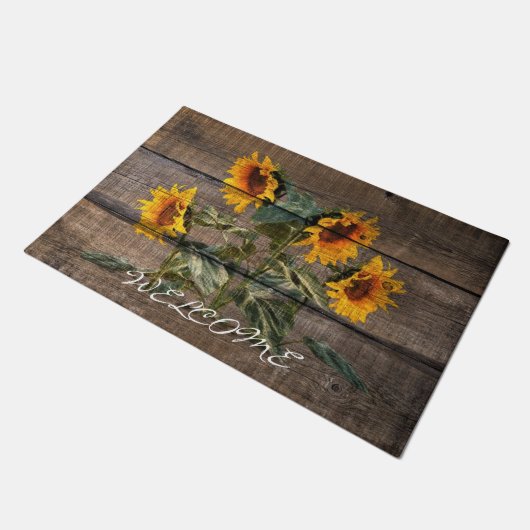 Sonnenblume aus Rustikalem Holz Fußmatte (Schrägansicht)