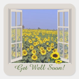 Sonnenblume aus Sonnenblumen durch offenes Fenster Quadratischer Aufkleber