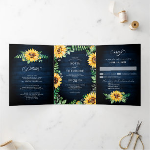 Sonnenblume Baby-Atem Navy Blau Florale Hochzeit Dreifach Gefaltete Ankündigung
