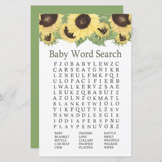 Sonnenblume Baby Dusche Word Search Game (Vorne/Hinten)