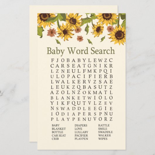 Sonnenblume Baby Dusche Word Search Game (Vorne/Hinten)