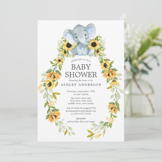 Sonnenblume & Baby Elephant Boys Babydusche Einladung (Stehend Vorderseite)