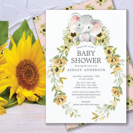 Sonnenblume & Baby Elephant Girls Babydusche Einladung