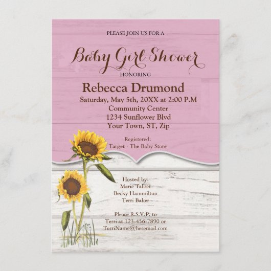 Sonnenblume Baby Girl Dusche Whitewusch Barn Wood Begleitkarte (Vorderseite)