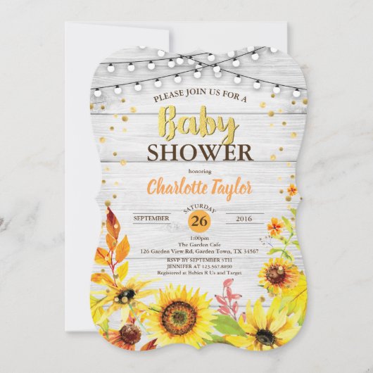 Sonnenblume Babydusche Einladung rustikales Holz (Vorderseite)