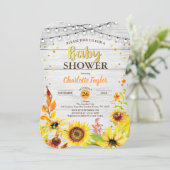 Sonnenblume Babydusche Einladung rustikales Holz (Stehend Vorderseite)