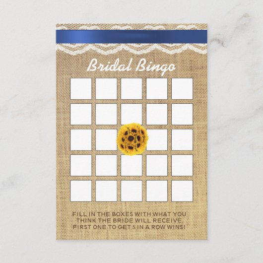 Sonnenblume Ball Lace & Burlap Brautparty Bingo (Vorderseite)