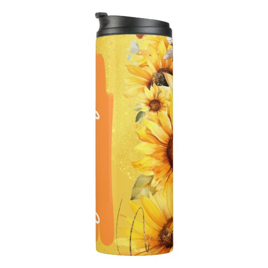 Sonnenblume Biene Name Eigenes Geschenk hinzufügen Thermosbecher (Nach rechts gedreht)