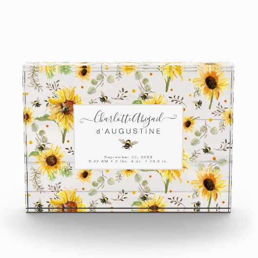 Sonnenblume Biene Rustikales Holz Gelbe Birth Stat Fotoblock (Vorderseite)