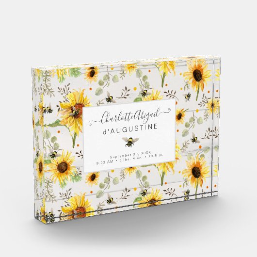 Sonnenblume Biene Rustikales Holz Gelbe Birth Stat Fotoblock (Links)