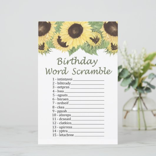 Sonnenblume BIRTHDAD WORD SCRAMBLE Game (Stehend Vorderseite)