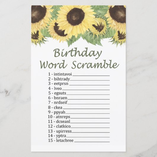 Sonnenblume BIRTHDAD WORD SCRAMBLE Game (Vorderseite)