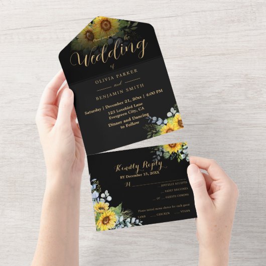 Sonnenblume Black Gold Calligraphy Wedding All In One Einladung (Abreißen)