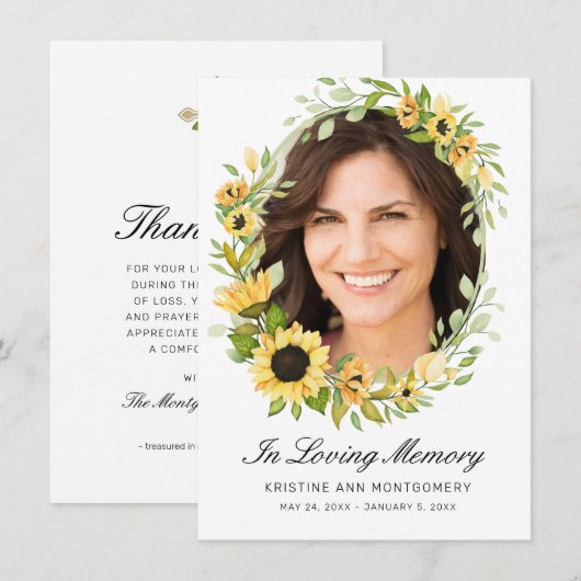 Sonnenblume Black Script Cross Foto Beerdigung Dankeskarte (Vorne/Hinten)