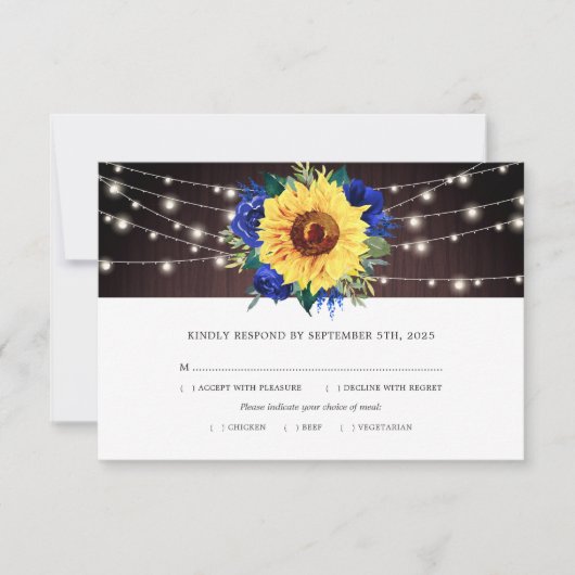 Sonnenblume Blau Rose Lights Wood Wedding Meetings RSVP Karte (Vorderseite)