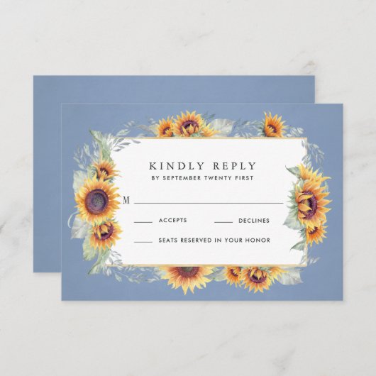 Sonnenblume Blaue Wasserfarbe Rustikale Hochzeit d RSVP Karte (Vorne/Hinten)