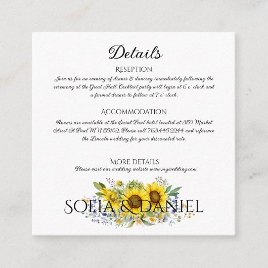 Sonnenblume blaue Wildblume Hochzeit weiß Begleitkarte (Vorderseite)