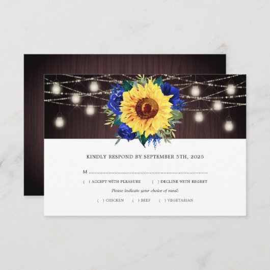 Sonnenblume Blauer Jar Lights Wood Wedding Meel RSVP Karte (Vorne/Hinten)
