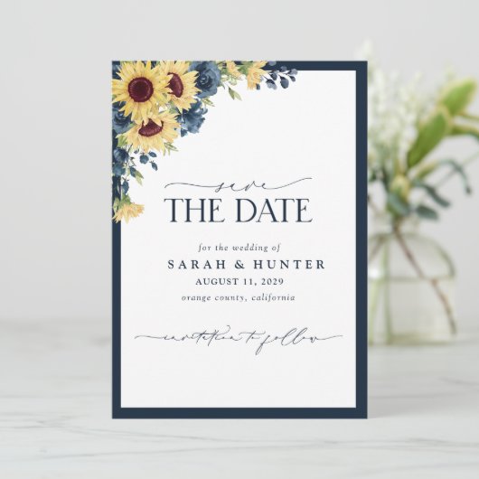 Sonnenblume Blauer Script Blumenzauber Hochzeit sp Save The Date (Stehend Vorderseite)