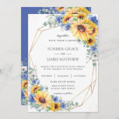 Sonnenblume Blaues Blumengrün Geometrische Hochzei Einladung (Vorne/Hinten)