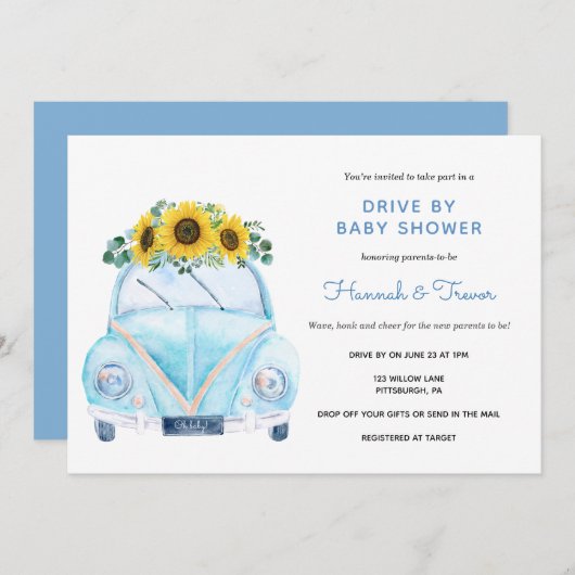 Sonnenblume Blue Car Drive mit Babydusche Einladung (Vorne/Hinten)