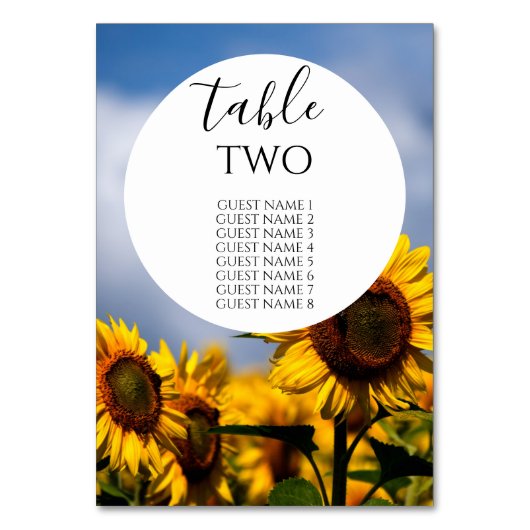 Sonnenblume Blue Sky Rustic Wedding Guest Names Tischnummer (Rückseite)