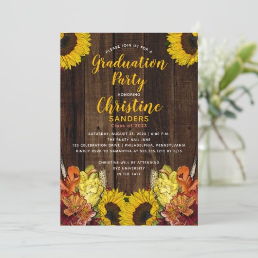 Sonnenblume Blumen Bouquet | Partei für den Holzab Einladung (Stehend Vorderseite)