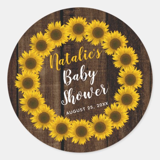 Sonnenblume Blumengarnitur Holz Look Babydusche Runder Aufkleber (Vorderseite)