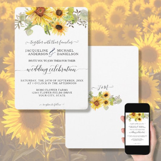 Sonnenblume BOHO Chic Eukalyptus Leaf Wedding Einladung