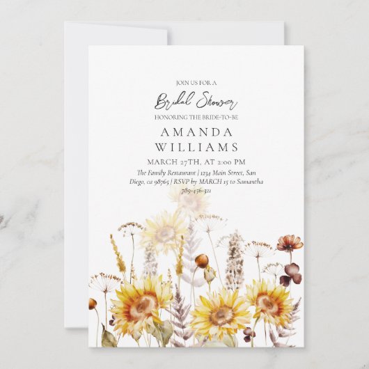 Sonnenblume Boho Wildblume Modernes Brautparty Inv Einladung (Vorderseite)
