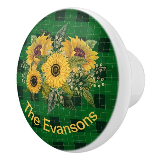 Sonnenblume Bouquet auf Grün Kariert Keramikknauf (Rechts)
