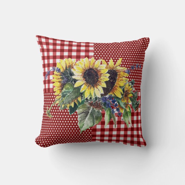 Sonnenblume Bouquet auf Red Gingham Pattern Kissen (Vorderseite)