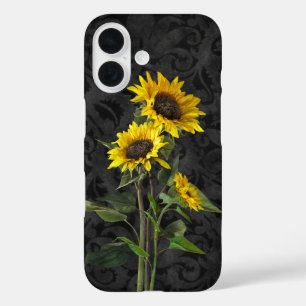 Sonnenblume Bouquet auf schwarzem Damast iPhone 16 Hülle