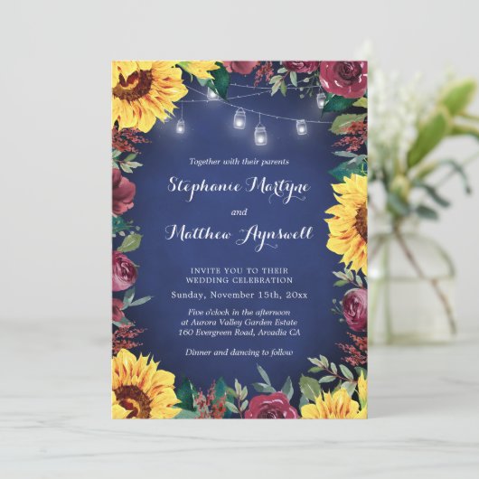 Sonnenblume Burgund florale Marine Jar Lights Hoch Einladung (Stehend Vorderseite)